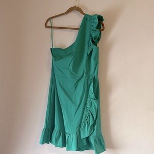 Green J Crew One Shoulder Dress with Ruffles